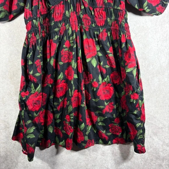 Old Navy Dress Women XXL Black Red Rose Puff Sleeve Smocked Waist Tie Back Boho - Picture 3 of 9